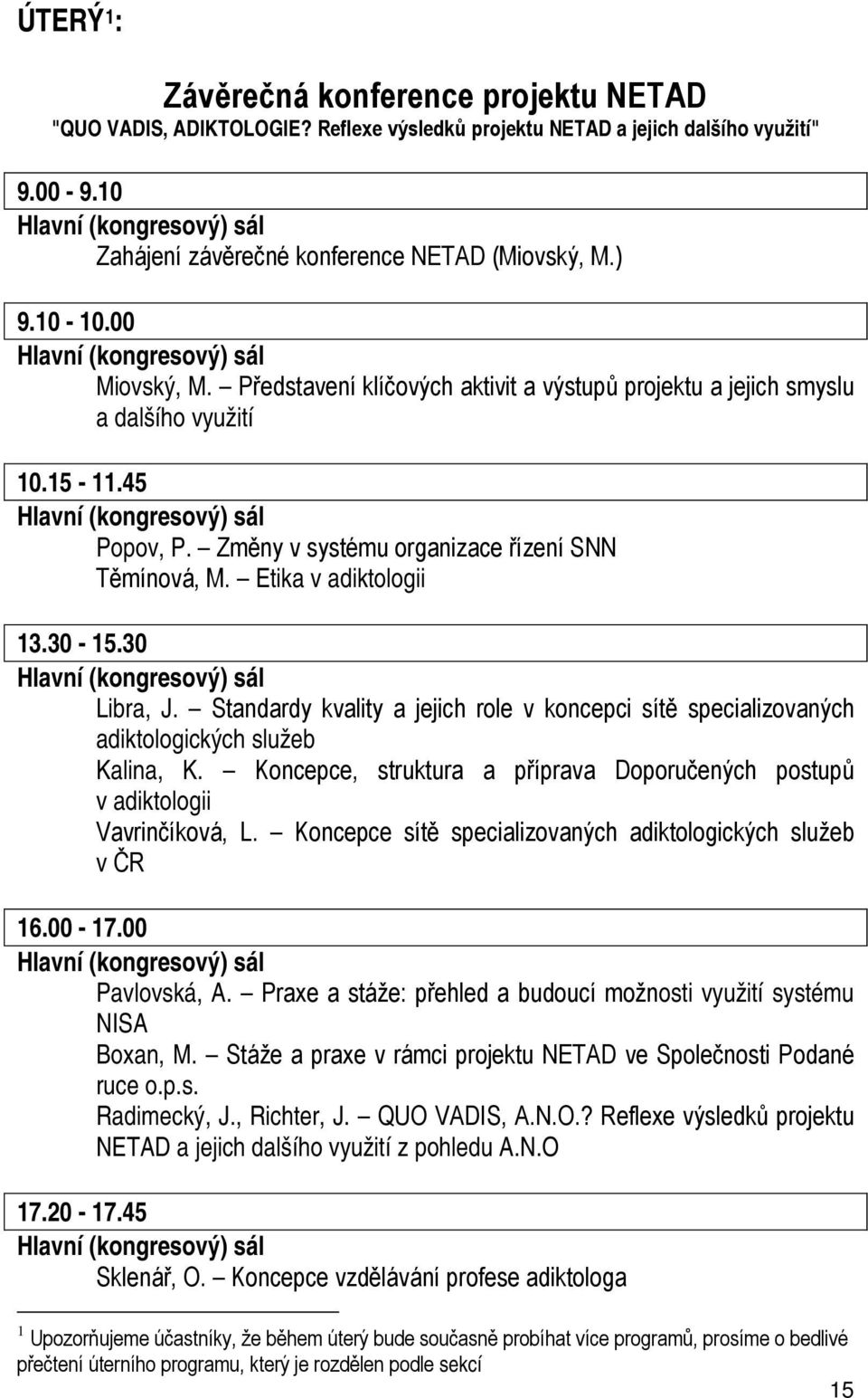 Představení klíčových aktivit a výstupů projektu a jejich smyslu a dalšího využití 10.15 11.45 Hlavní (kongresový) sál Popov, P. Změny v systému organizace řízení SNN Těmínová, M.