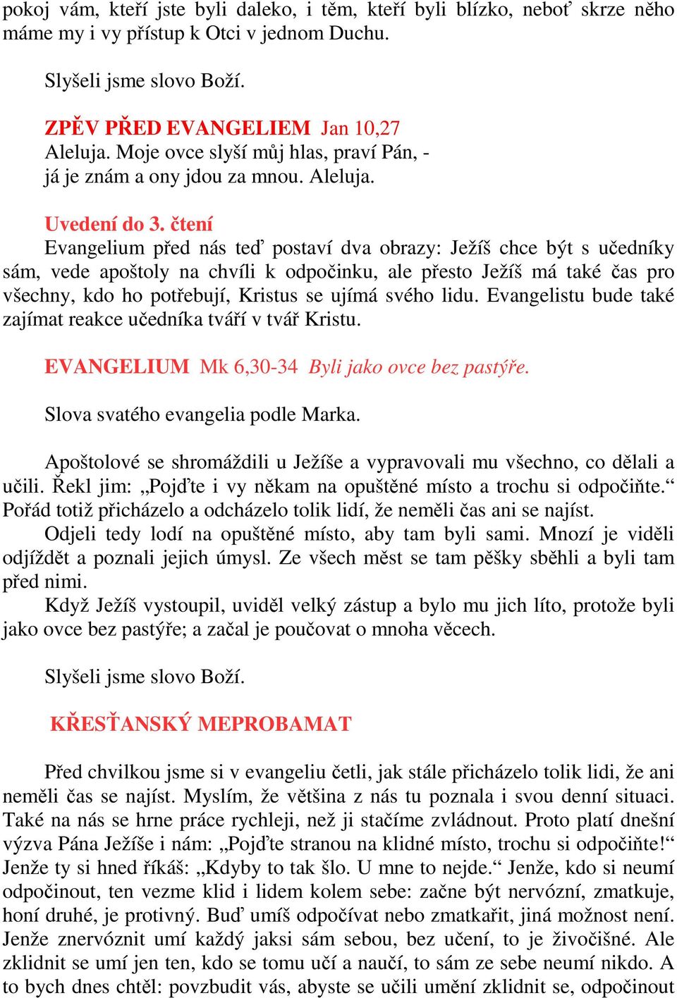 čtení Evangelium před nás teď postaví dva obrazy: Ježíš chce být s učedníky sám, vede apoštoly na chvíli k odpočinku, ale přesto Ježíš má také čas pro všechny, kdo ho potřebují, Kristus se ujímá