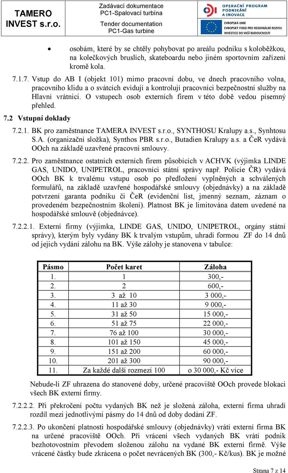 O vstupech osob externích firem v této době vedou písemný přehled. 7.2 Vstupní doklady 7.2.1. BK pro zaměstnance TAMERA, SYNTHOSU Kralupy a.s., Synhtosu S.A. (organizační složka), Synthos PBR s.r.o., Butadien Kralupy a.