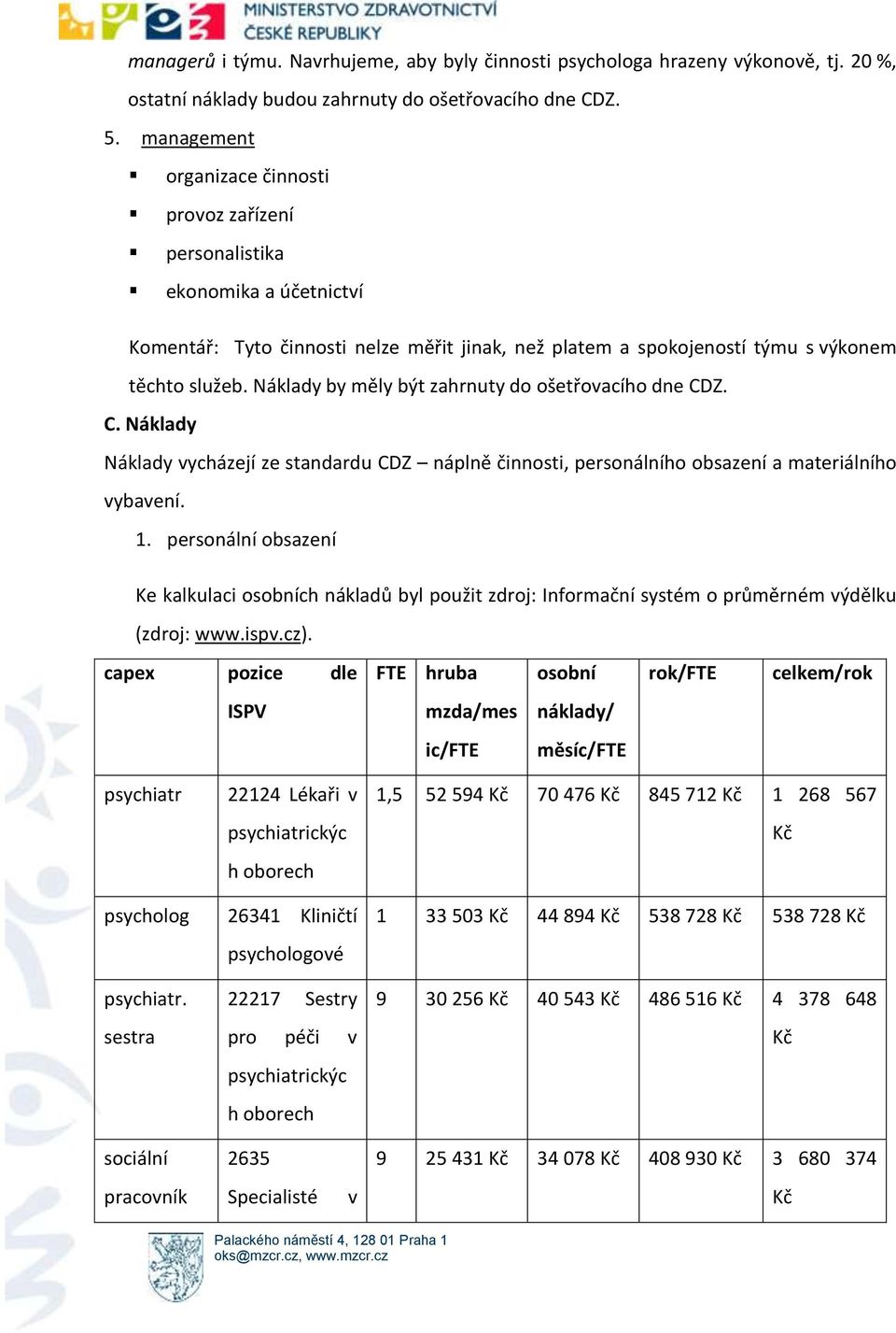 Náklady by měly být zahrnuty do ošetřovacího dne CDZ. C. Náklady Náklady vycházejí ze standardu CDZ náplně činnosti, personálního obsazení a materiálního vybavení. 1.