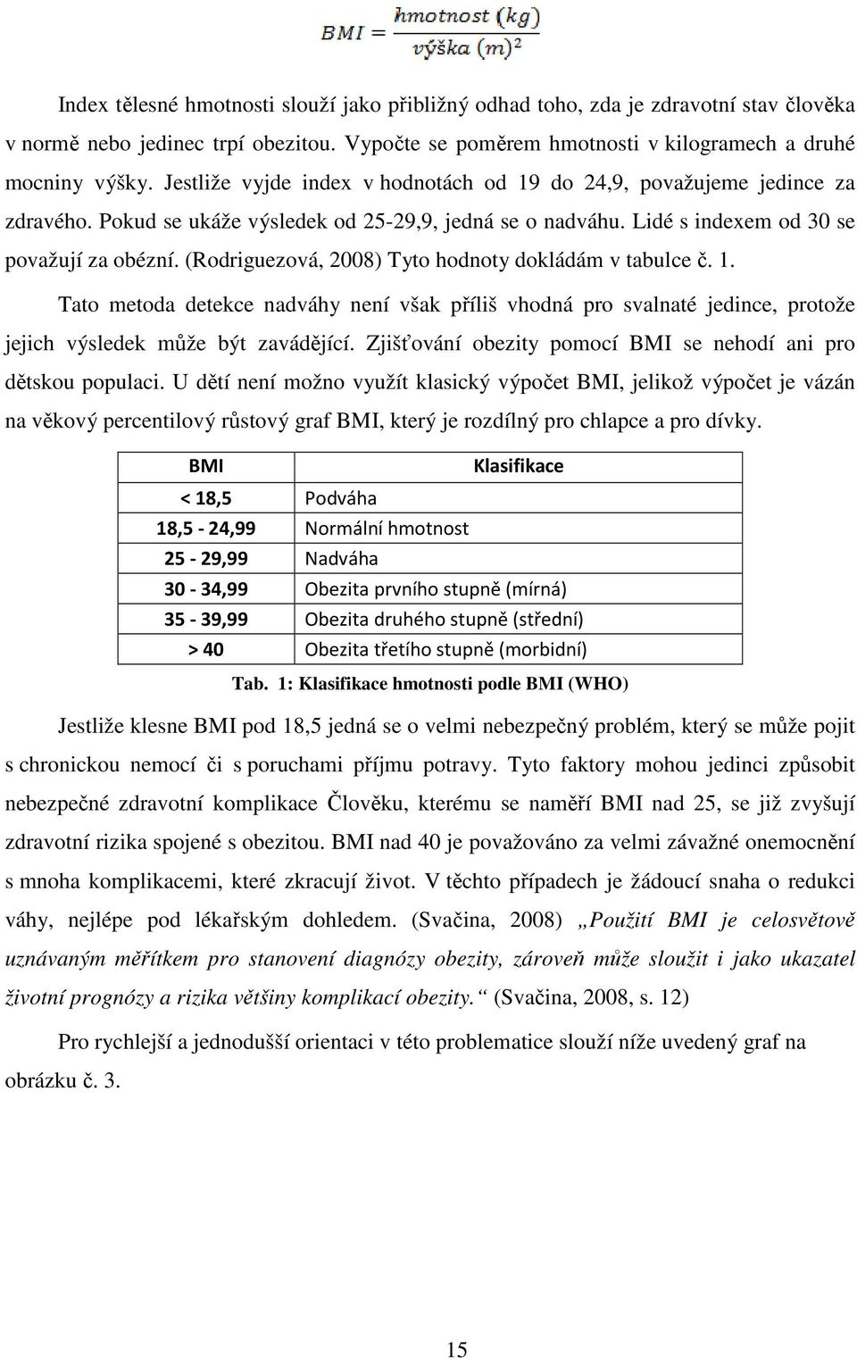 (Rodriguezová, 2008) Tyto hodnoty dokládám v tabulce č. 1. Tato metoda detekce nadváhy není však příliš vhodná pro svalnaté jedince, protože jejich výsledek může být zavádějící.