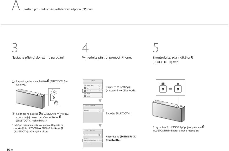 Klepněte na tlačítko (BLUETOOTH) PAIRING a podržte jej, dokud nezačne indikátor (BLUETOOTH) rychle blikat.