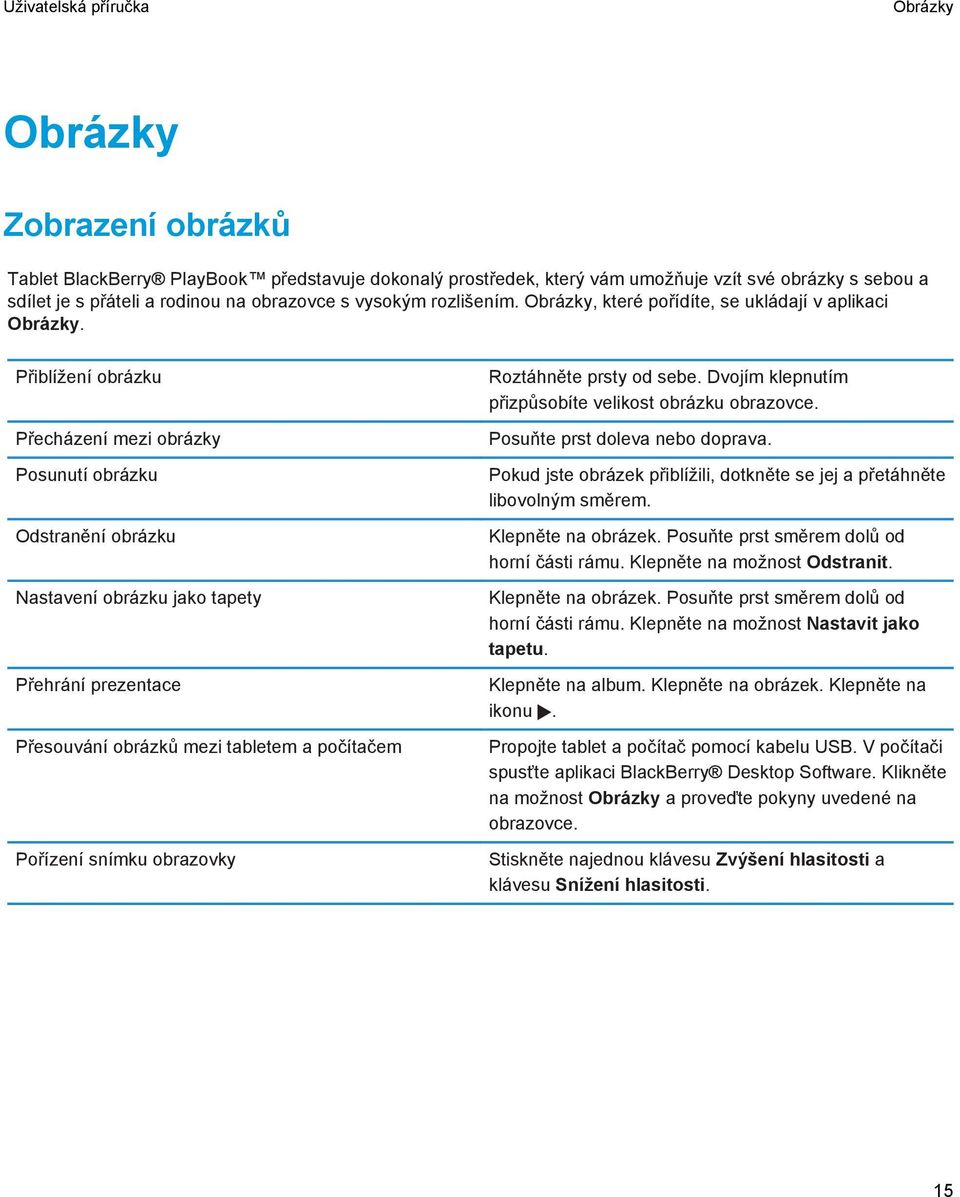 Přiblížení obrázku Přecházení mezi obrázky Posunutí obrázku Odstranění obrázku Nastavení obrázku jako tapety Přehrání prezentace Přesouvání obrázků mezi tabletem a počítačem Pořízení snímku obrazovky