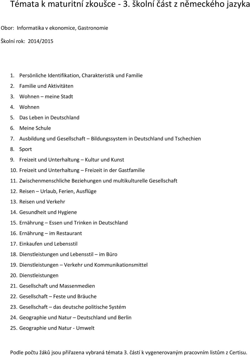 Freizeit und Unterhaltung Kultur und Kunst 10. Freizeit und Unterhaltung Freizeit in der Gastfamilie 11. Zwischenmenschliche Beziehungen und multikulturelle Gesellschaft 12.