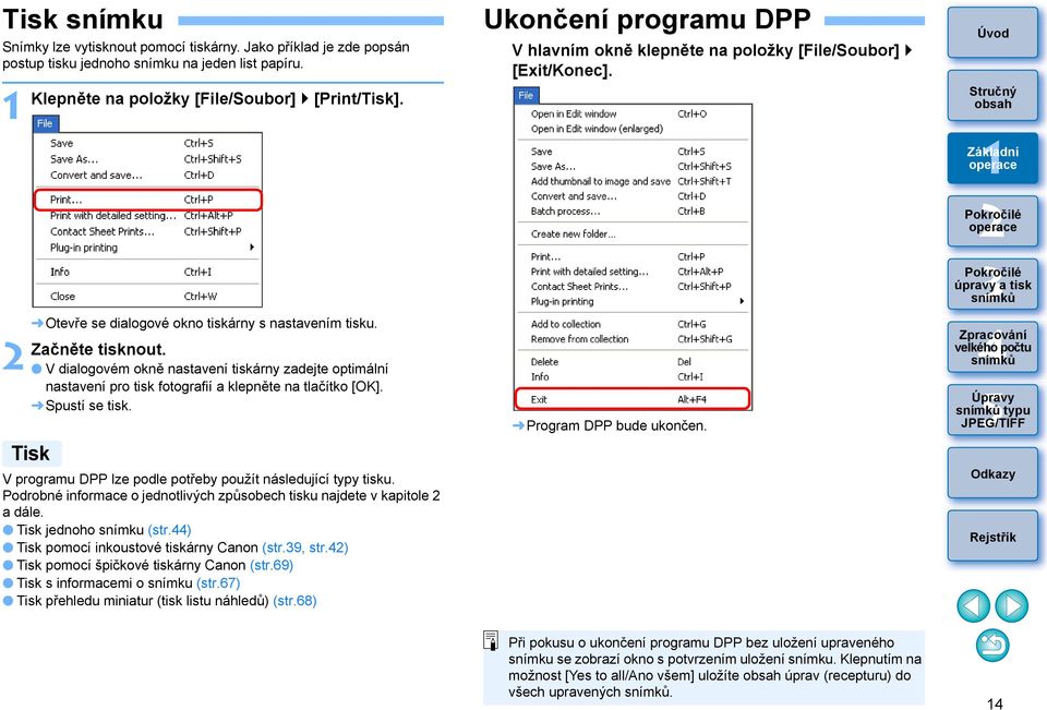 Spustí se tisk. Tisk V programu DPP lze podle potřeby použít následující typy tisku. Podrobné informace o jednotlivých způsobech tisku najdete v kapitole a dále. Tisk jednoho snímku (str.