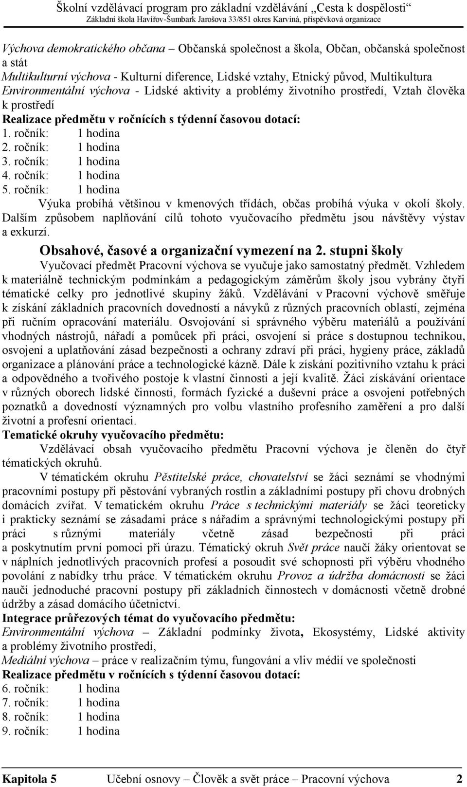 ročník: 1 hodina 4. ročník: 1 hodina 5. ročník: 1 hodina Výuka probíhá většinou v kmenových třídách, občas probíhá výuka v okolí školy.