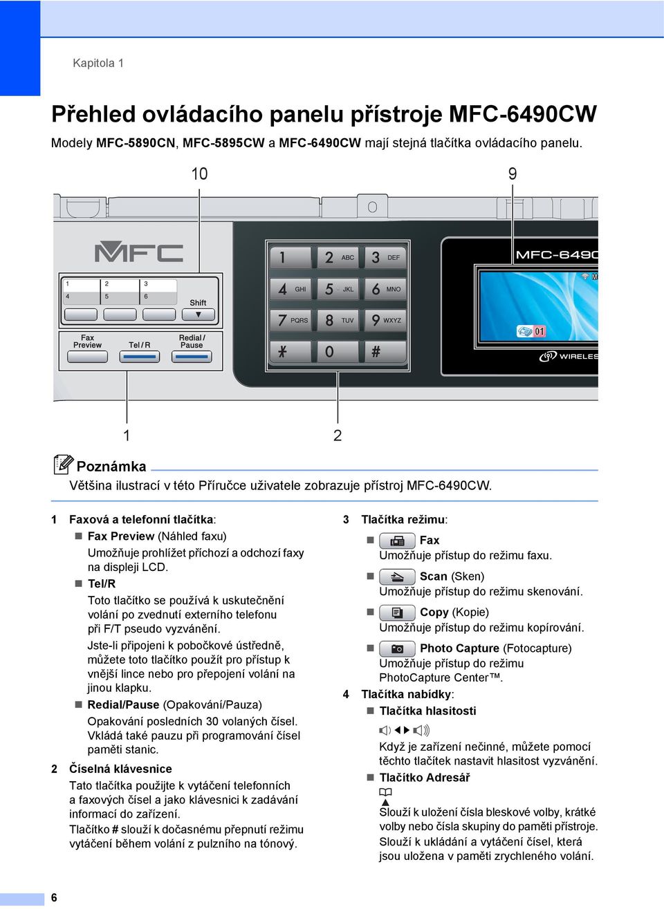 1 Faxová a telefonní tlačítka: Fax Preview (Náhled faxu) Umožňuje prohlížet příchozí a odchozí faxy na displeji LCD.