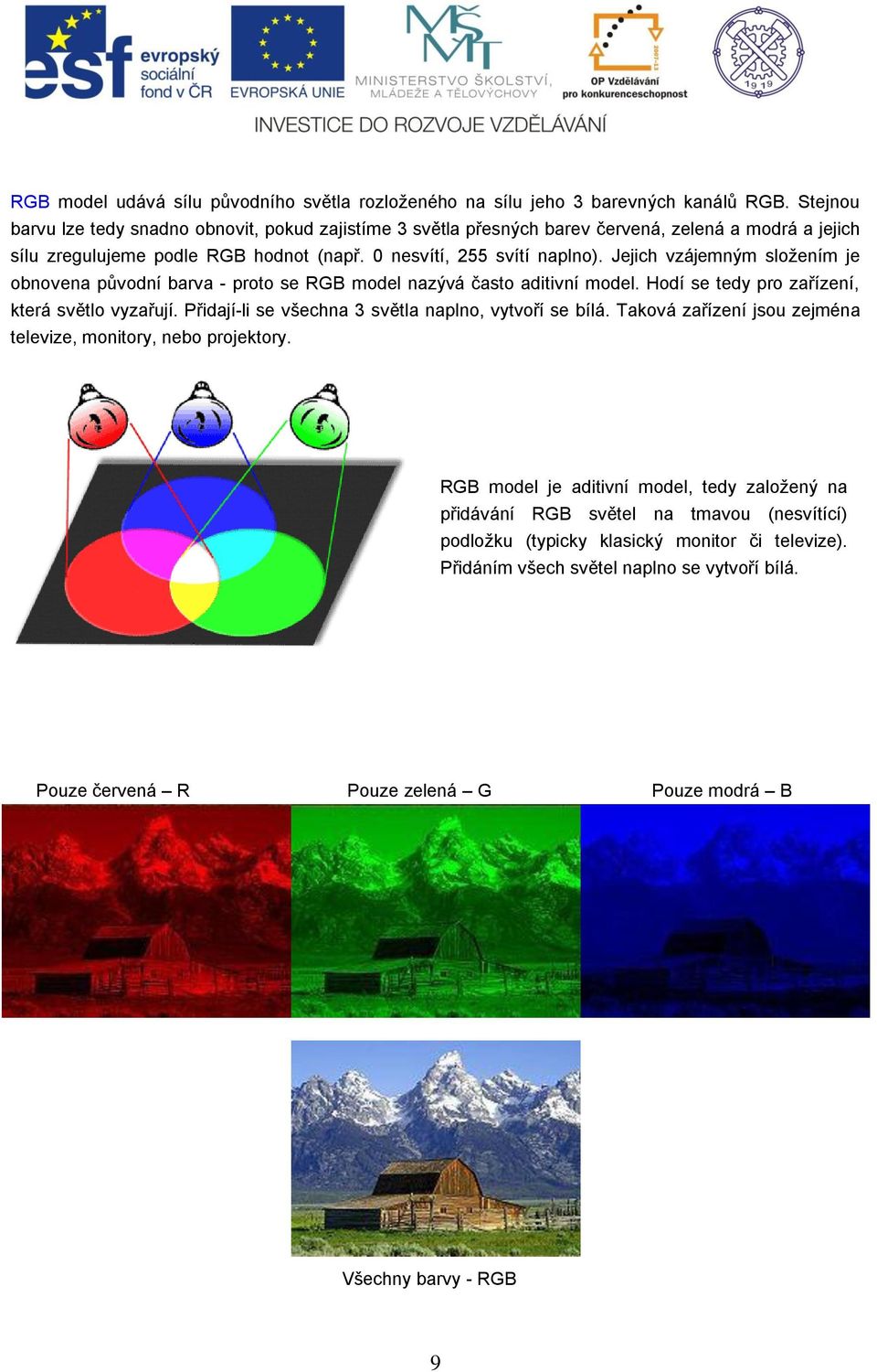 Jejich vzájemným složením je obnovena původní barva - proto se RGB model nazývá často aditivní model. Hodí se tedy pro zařízení, která světlo vyzařují.