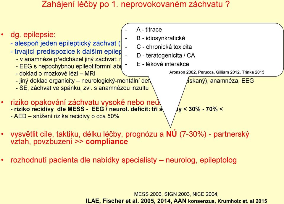 D - teratogenicita / CA - v anamnéze předcházel jiný záchvat: myoklonický tiky, absence, aury, PS - EEG s nepochybnou epileptiformní abnormitou - E - lékové interakce - doklad o mozkové lézi MRI -