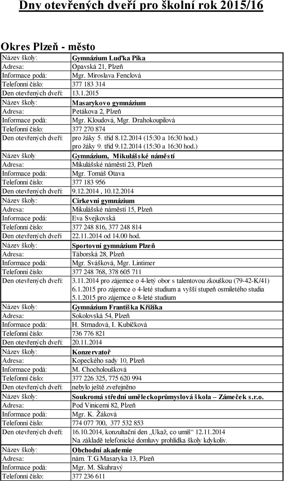 Tomáš Otava Telefonní číslo: 377 183 956 9.12.2014, 10.12.2014 Církevní gymnázium Mikulášské náměstí 15, Plzeň Eva Svejkovská Telefonní číslo: 377 248 816, 377 248 814 Den otevřených dveří 22.11.