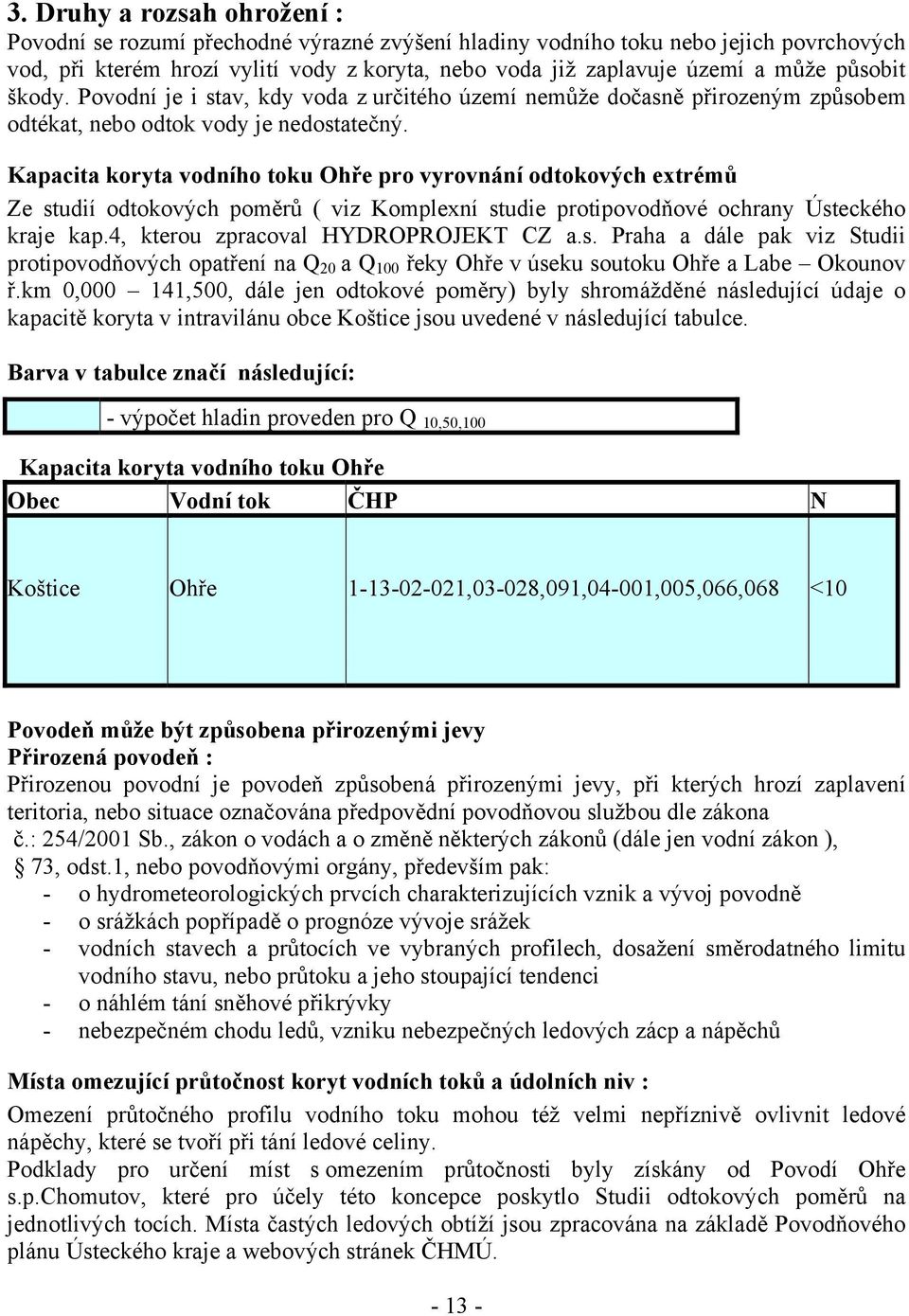 Kapacita koryta vodního toku Ohře pro vyrovnání odtokových extrémů Ze studií odtokových poměrů ( viz Komplexní studie protipovodňové ochrany Ústeckého kraje kap.4, kterou zpracoval HYDROPROJEKT CZ a.