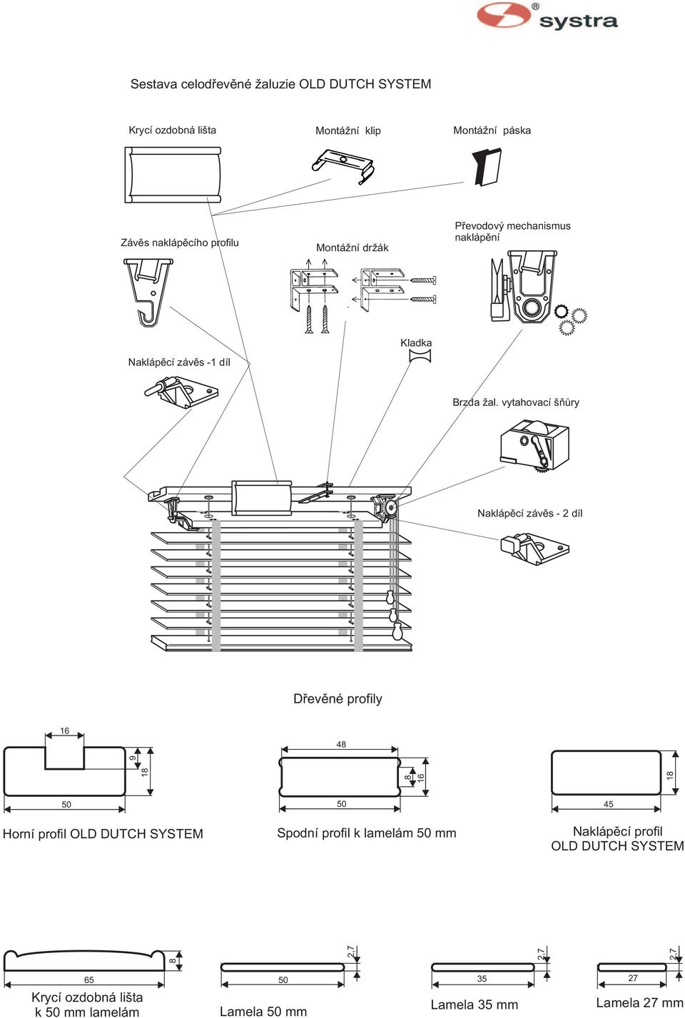 vytahovací šòùry Naklápìcí závìs - 2 díl Døevìné profily 16 48 8 16 18 50 50 45 8 2,7 2,7 2,7 18 9 Horní profil OLD DUTCH
