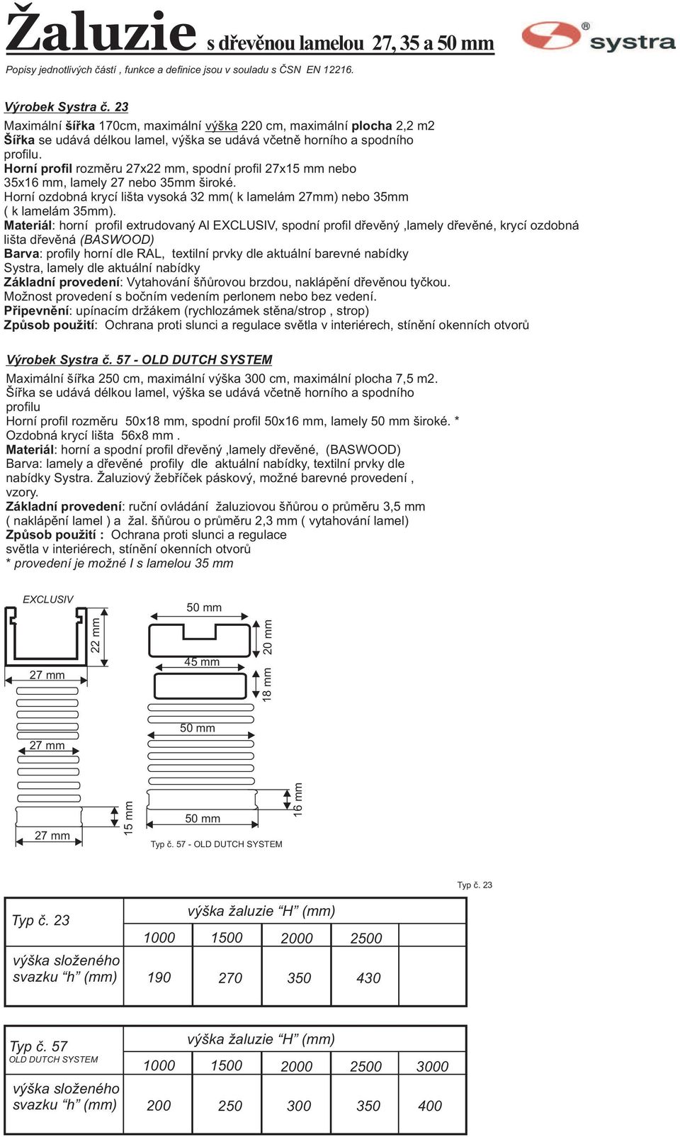 Horní profil rozmìru 27x22 mm, spodní profil 27x15 mm nebo 35x16 mm, lamely 27 nebo 35mm široké. Horní ozdobná krycí lišta vysoká 32 mm( k lamelám 27mm) nebo 35mm ( k lamelám 35mm).
