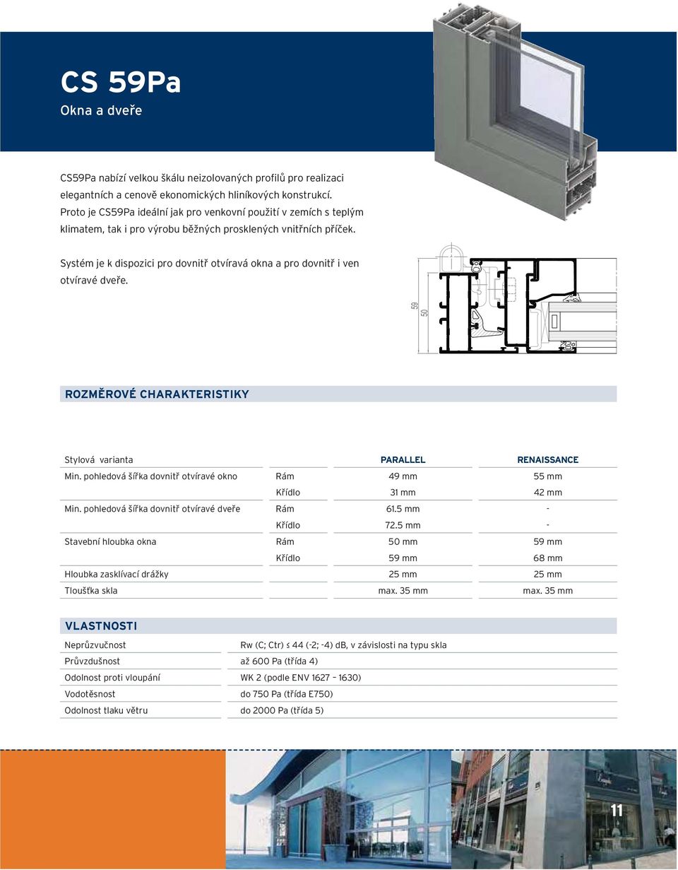Systém je k dispozici pro dovnitř otvíravá okna a pro dovnitř i ven otvíravé dveře. ROZMĚROVÉ CHARAKTERISTIKY Stylová varianta PARALLEL RENAISSANCE Min.