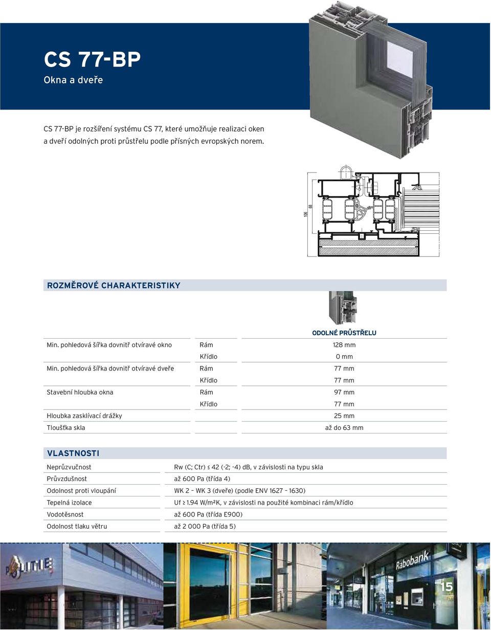 pohledová šířka dovnitř otvíravé dveře Rám 77 mm Křídlo 77 mm Stavební hloubka okna Rám 97 mm Křídlo 77 mm Hloubka zasklívací drážky 25 mm Tloušťka skla až do 63 mm VLASTNOSTI Neprůzvučnost Rw