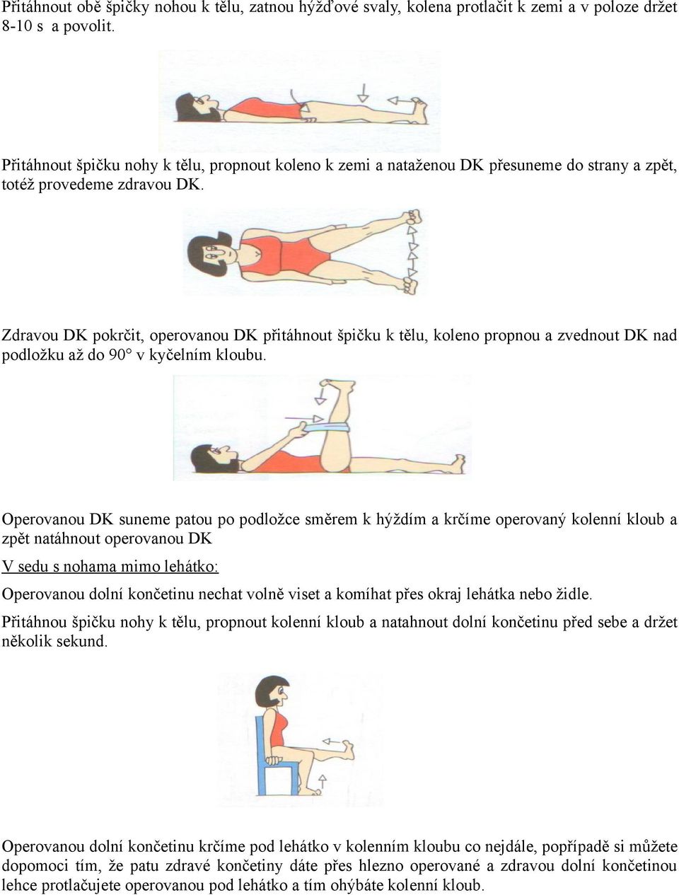Zdravou DK pokrčit, operovanou DK přitáhnout špičku k tělu, koleno propnou a zvednout DK nad podložku až do 90 v kyčelním kloubu.