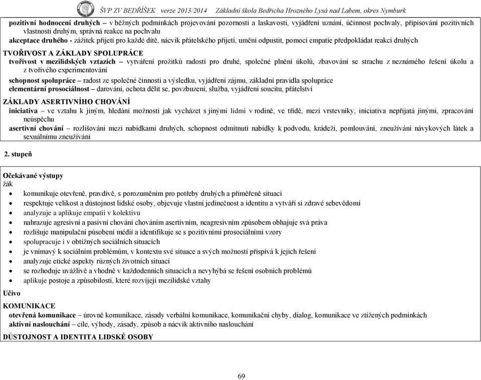 vztazích vytváření proţitků radosti pro druhé, společné plnění úkolů, zbavování se strachu z neznámého řešení úkolu a z tvořivého experimentování schopnost spolupráce radost ze společné činnosti a