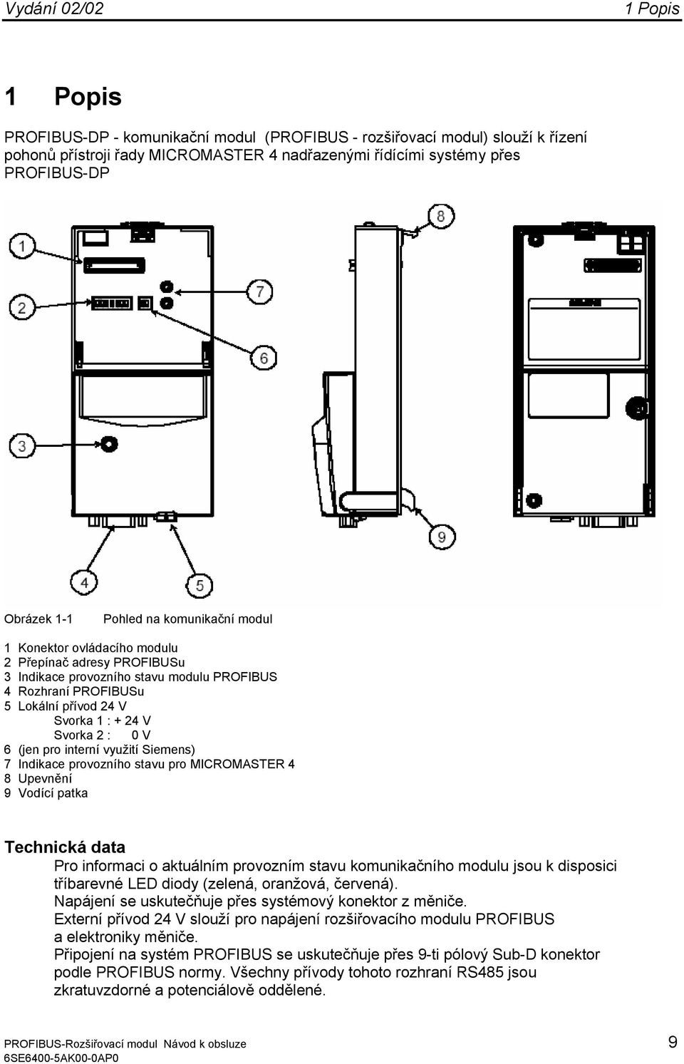 : V 6 (jen pro interní využití Siemens) 7 Indikace provozního stavu pro MICROMASTER 4 8 Upevnění 9 Vodící patka Technická data Pro informaci o aktuálním provozním stavu komunikačního modulu jsou k