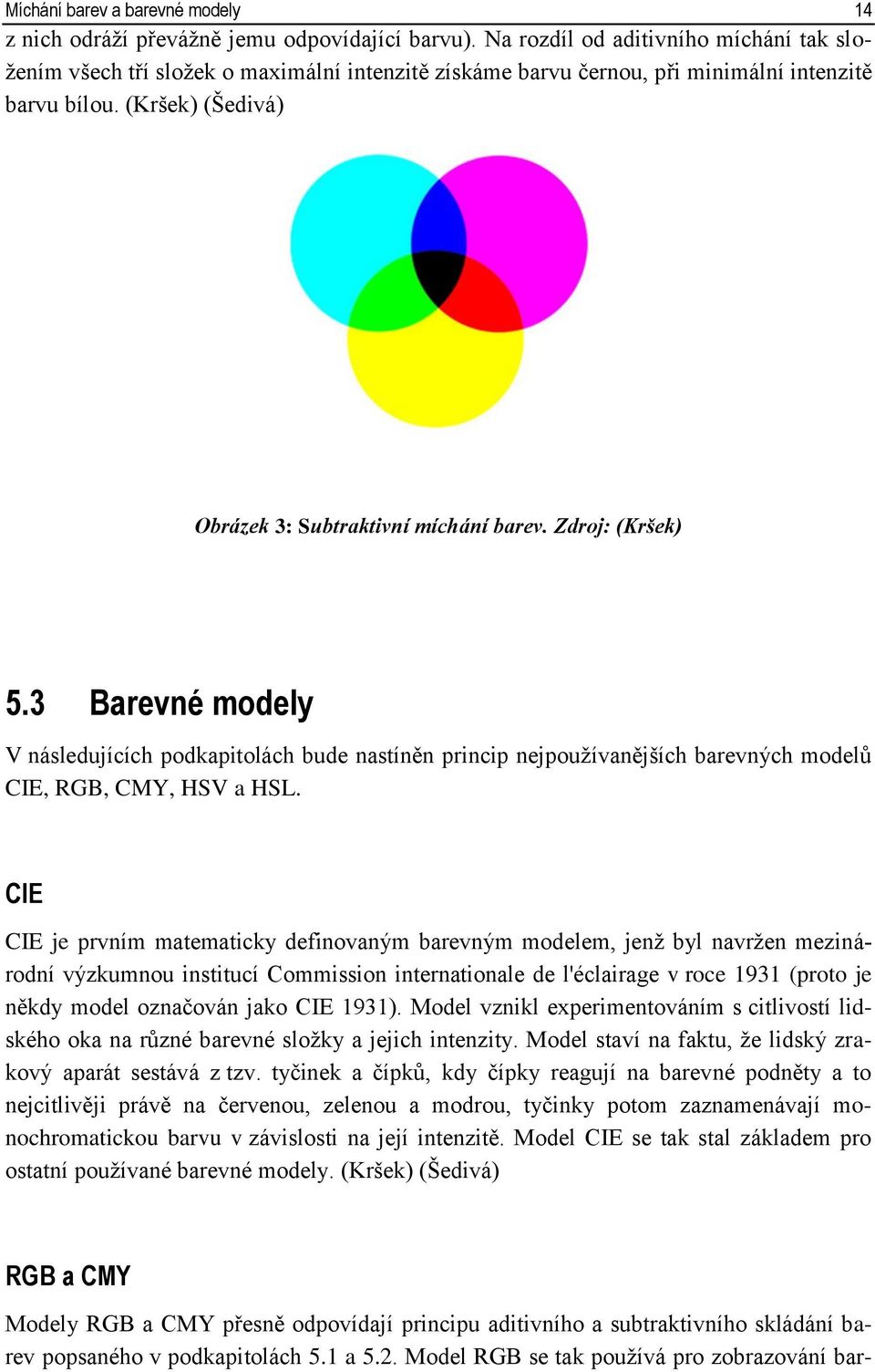 Zdroj: (Kršek) 5.3 Barevné modely V následujících podkapitolách bude nastíněn princip nejpouţívanějších barevných modelů CIE, RGB, CMY, HSV a HSL.