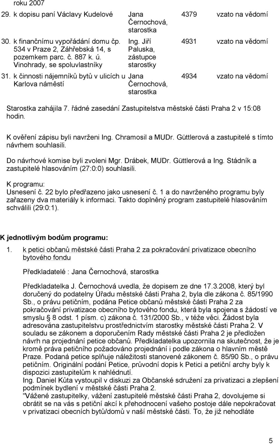 Jiří Paluska, zástupce starostky Jana Černochová, starostka 4379 vzato na vědomí 4931 vzato na vědomí 4934 vzato na vědomí Starostka zahájila 7.