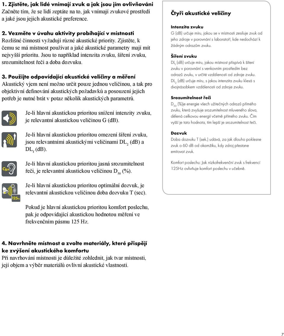 Jsou to například intenzita zvuku, šíření zvuku, srozumitelnost řeči a doba dozvuku. 3.