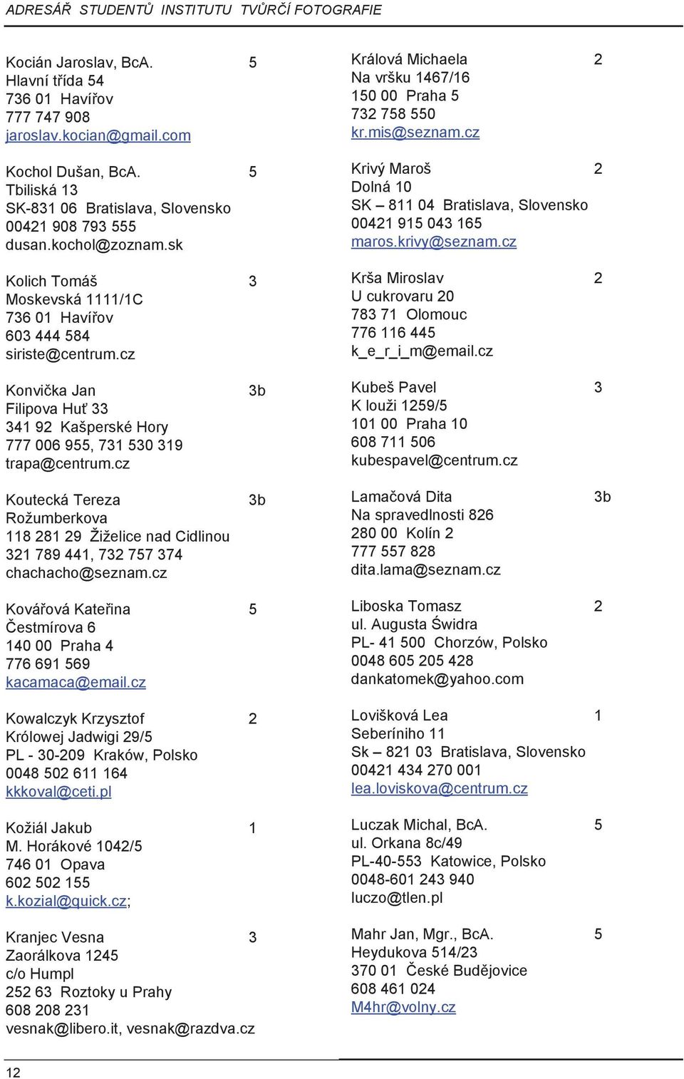 cz Králová Michaela 2 Na vršku 1467/16 150 00 Praha 5 732 758 550 kr.mis@seznam.cz Krivý Maroš 2 Dolná 10 SK 811 04 Bratislava, Slovensko 00421 915 043 165 maros.krivy@seznam.