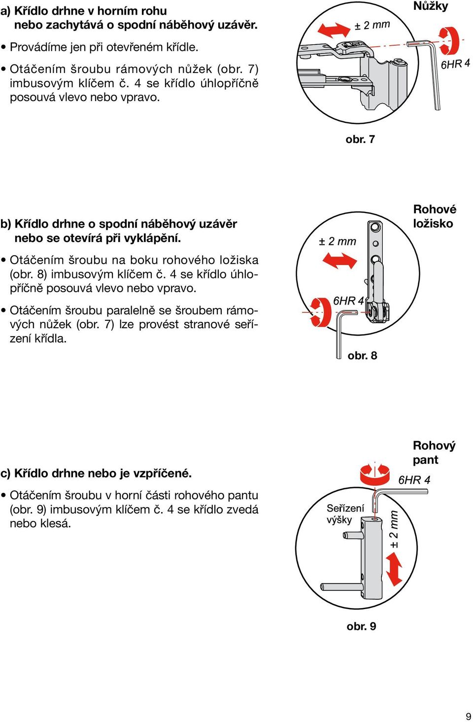 Otáčením šroubu na boku rohového ložiska (obr. 8) imbusovým klíčem č. 4 se křídlo úhlopříčně posouvá vlevo nebo vpravo.