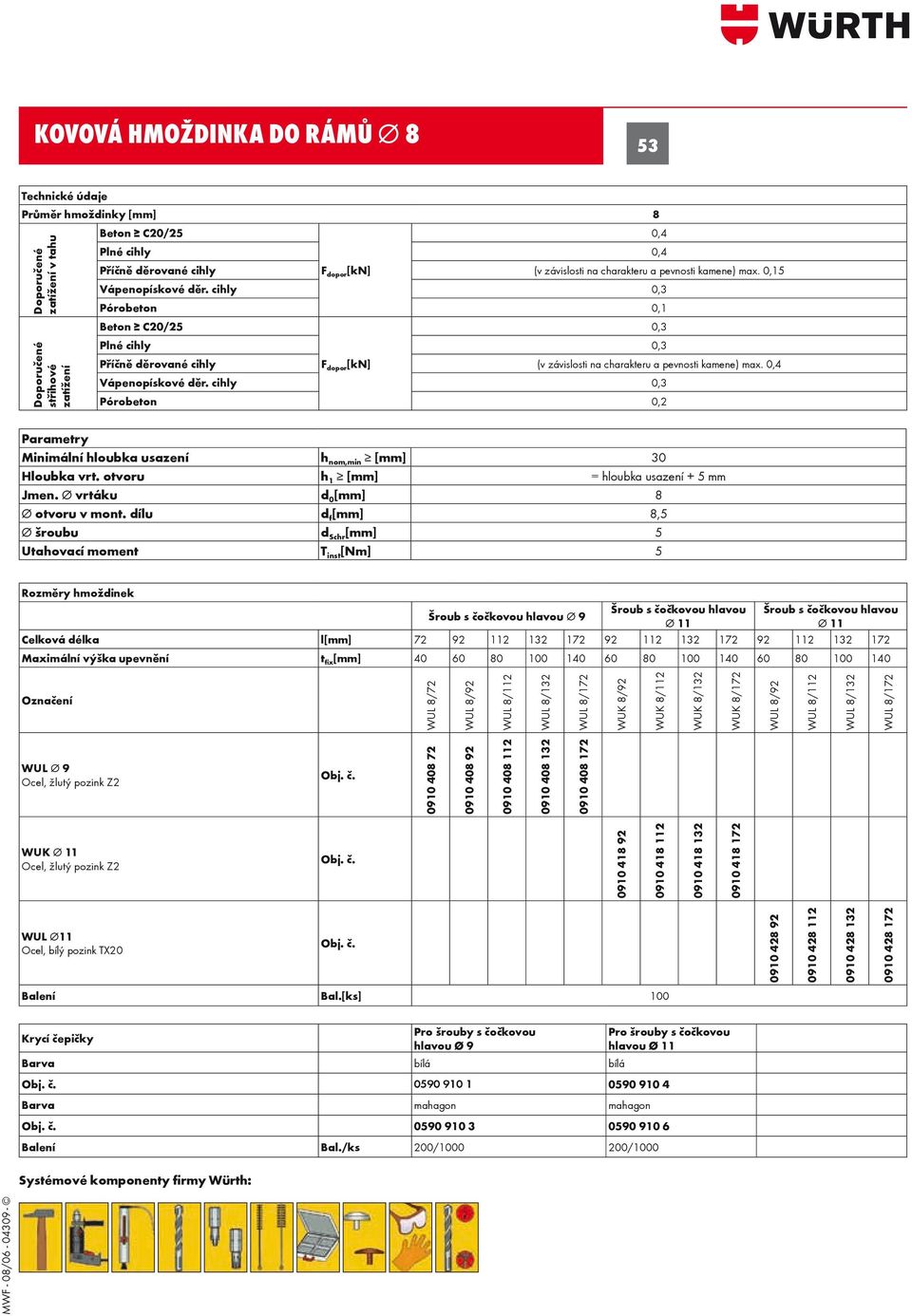 cihly 0,3 Pórobeton 0,1 Beton C20/25 0,3 Plné cihly 0,3 Příčně děrované cihly F dopor [kn] (v závislosti na charakteru a pevnosti kamene) max. 0,4 Vápenopískové děr.