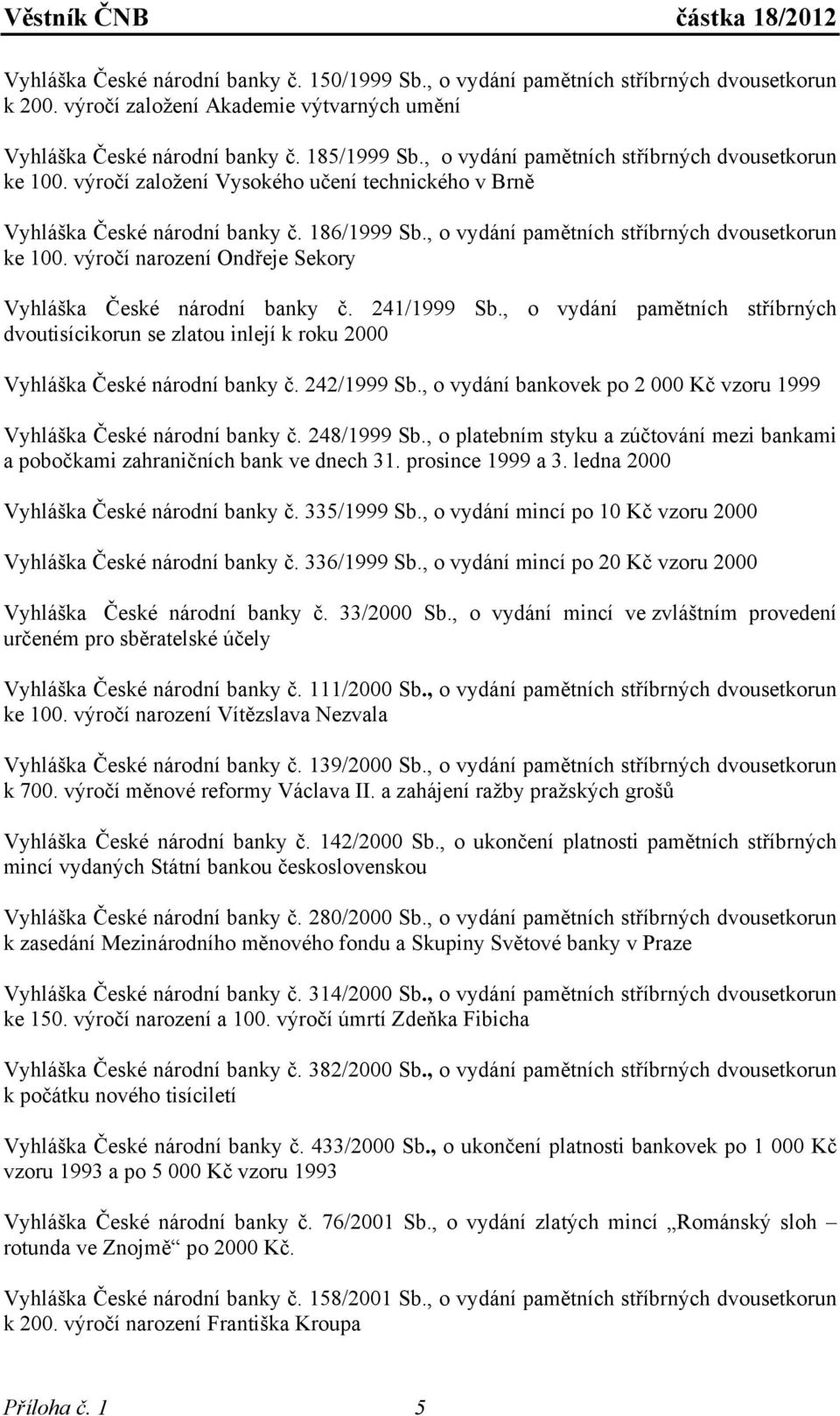 241/1999 Sb., o vydání pamětních stříbrných dvoutisícikorun se zlatou inlejí k roku 2000 Vyhláška České národní banky č. 242/1999 Sb.