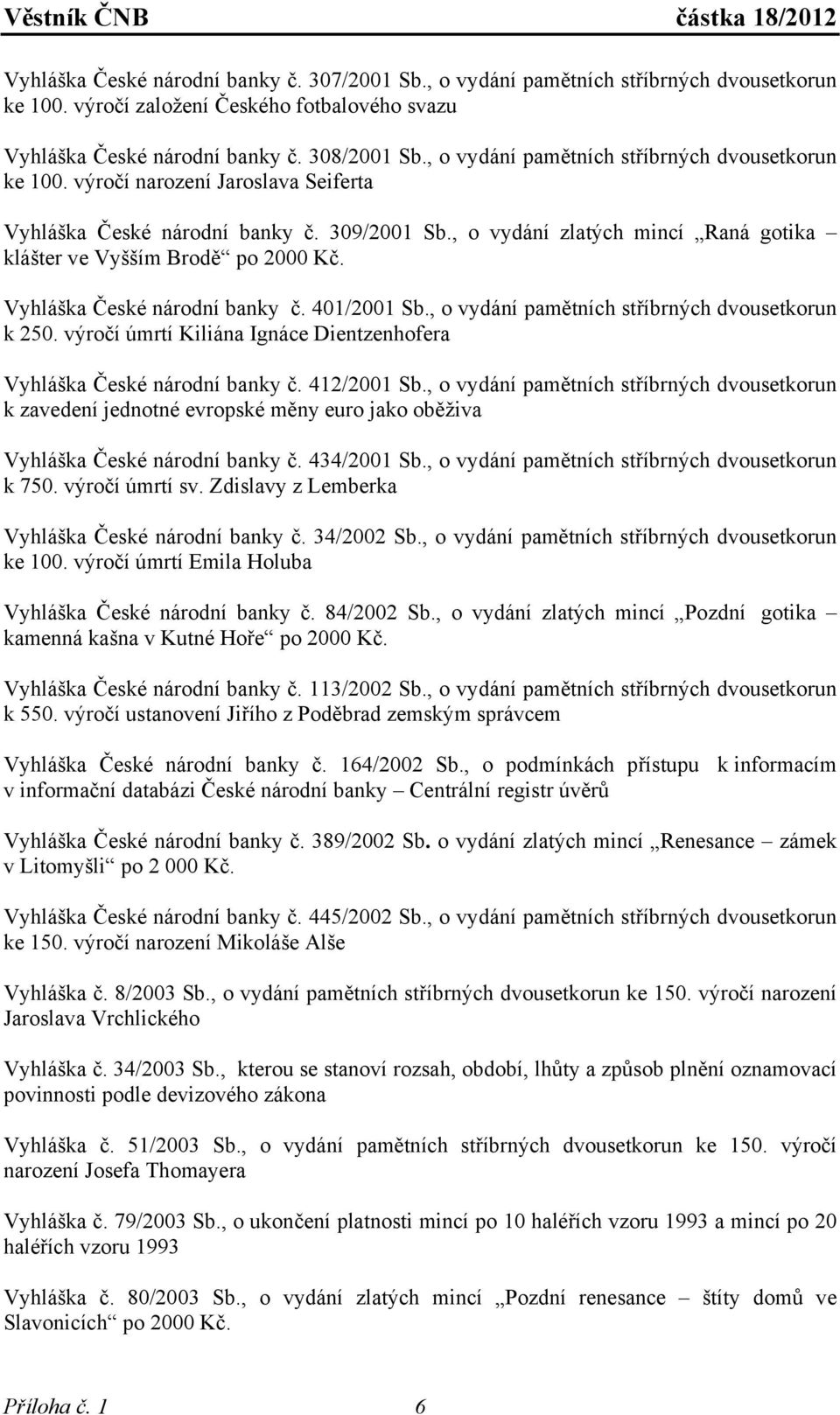 , o vydání zlatých mincí Raná gotika klášter ve Vyšším Brodě po 2000 Kč. Vyhláška České národní banky č. 401/2001 Sb., o vydání pamětních stříbrných dvousetkorun k 250.