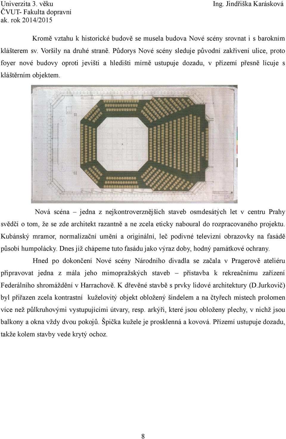 Nová scéna jedna z nejkontroverznějších staveb osmdesátých let v centru Prahy svědčí o tom, že se zde architekt razantně a ne zcela eticky naboural do rozpracovaného projektu.