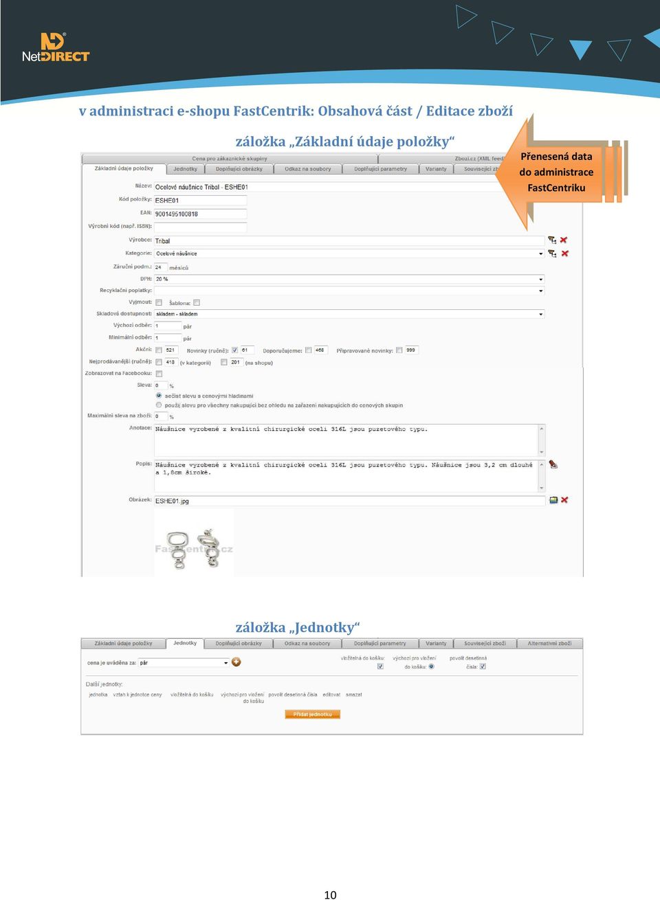 Základní údaje položky Přenesená data