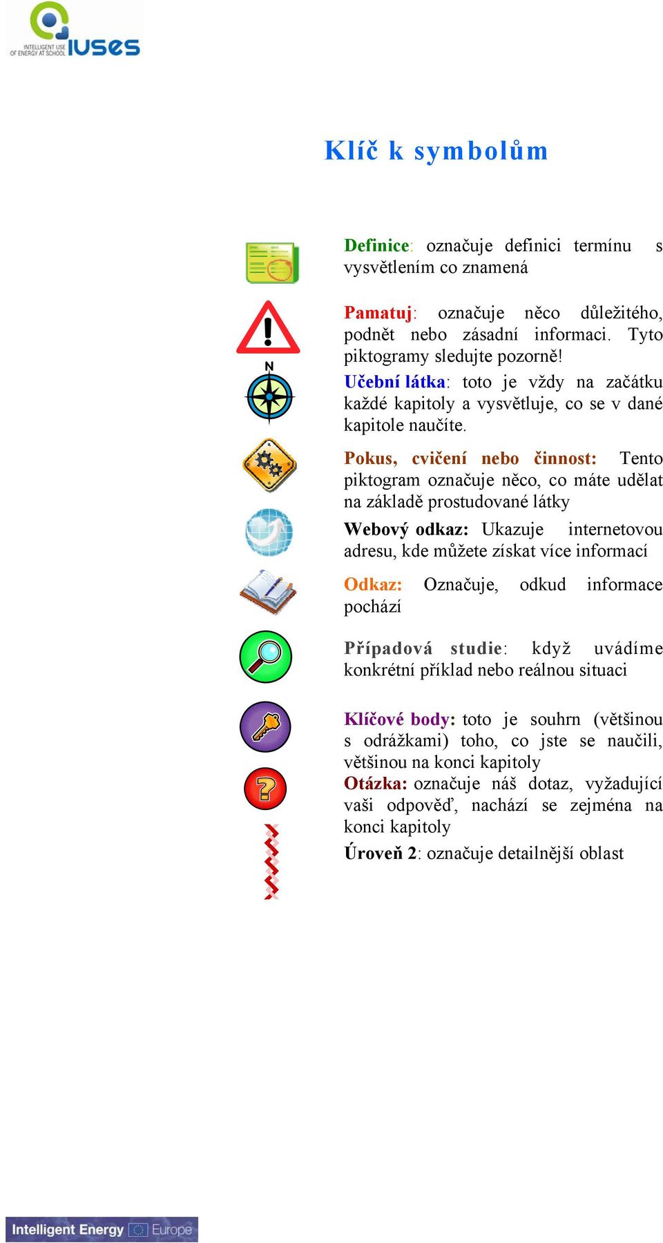 Pokus, cvičení nebo činnost: Tento piktogram označuje něco, co máte udělat na základě prostudované látky Webový odkaz: Ukazuje internetovou adresu, kde můžete získat více informací Odkaz: Označuje,