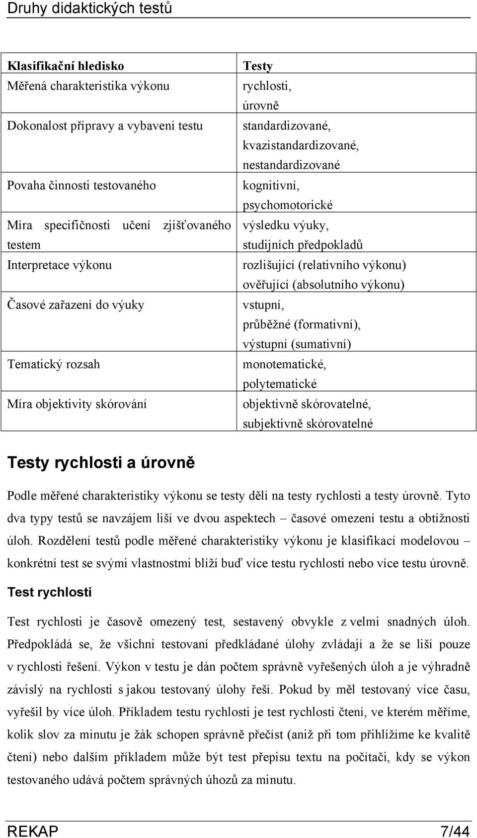 výuky, studijních předpokladů rozlišující (relativního výkonu) ověřující (absolutního výkonu) vstupní, průběžné (formativní), výstupní (sumativní) monotematické, polytematické objektivně