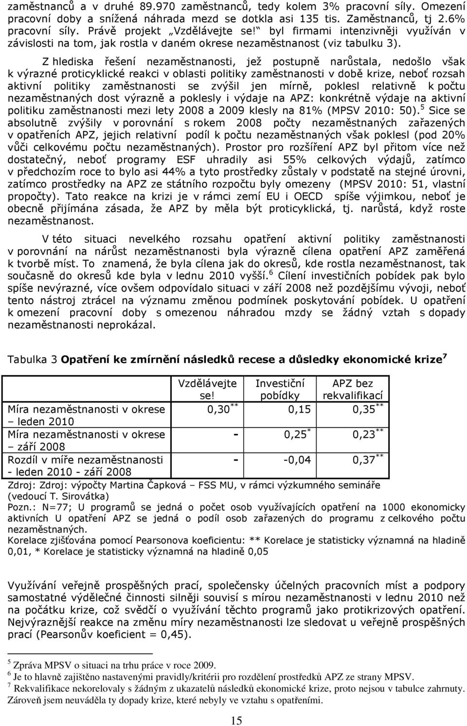 Z hlediska řešení nezaměstnanosti, jež postupně narůstala, nedošlo však k výrazné proticyklické reakci v oblasti politiky zaměstnanosti v době krize, neboť rozsah aktivní politiky zaměstnanosti se