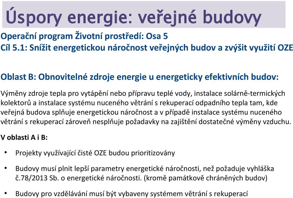 instalace solárně-termických kolektorů a instalace systému nuceného větrání s rekuperací odpadního tepla tam, kde veřejná budova splňuje energetickou náročnost a v případě instalace systému nuceného