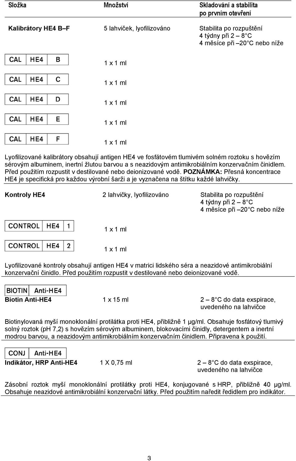 konzervačním činidlem. Před použitím rozpustit v destilované nebo deionizované vodě. POZNÁMKA: Přesná koncentrace HE4 je specifická pro každou výrobní šarži a je vyznačena na štítku každé lahvičky.