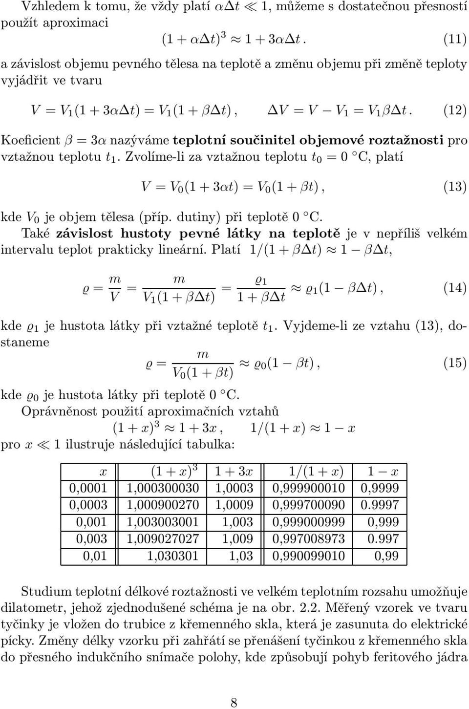 (12) Koeficient β = 3α nazýváme teplotní součinitel objemové roztažnosti pro vztažnouteplotu t 1.Zvolíme-lizavztažnouteplotu t 0 =0 C,platí V= V 0 (1+3αt)=V 0 (1+βt), (13) kde V 0 jeobjemtělesa(příp.