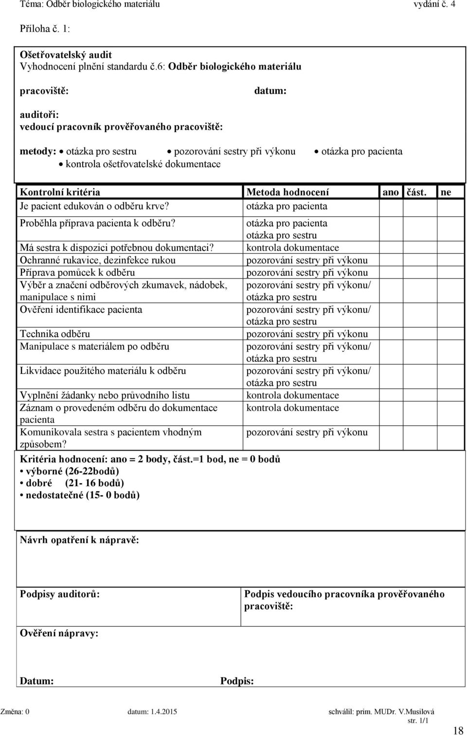 ošetřovatelské dokumentace Kontrolní kritéria Metoda hodnocení ano část. ne Je pacient edukován o odběru krve? otázka pro pacienta Proběhla příprava pacienta k odběru?