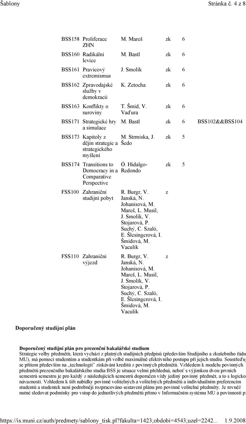 z dějin strategie a strategického myšlení BSS174 Transitions to Democracy in a Comparative Perspective FSS100 Zahraniční studijní pobyt FSS110 Zahraniční výjezd M. Mareš zk 6 M. Bastl zk 6 J.