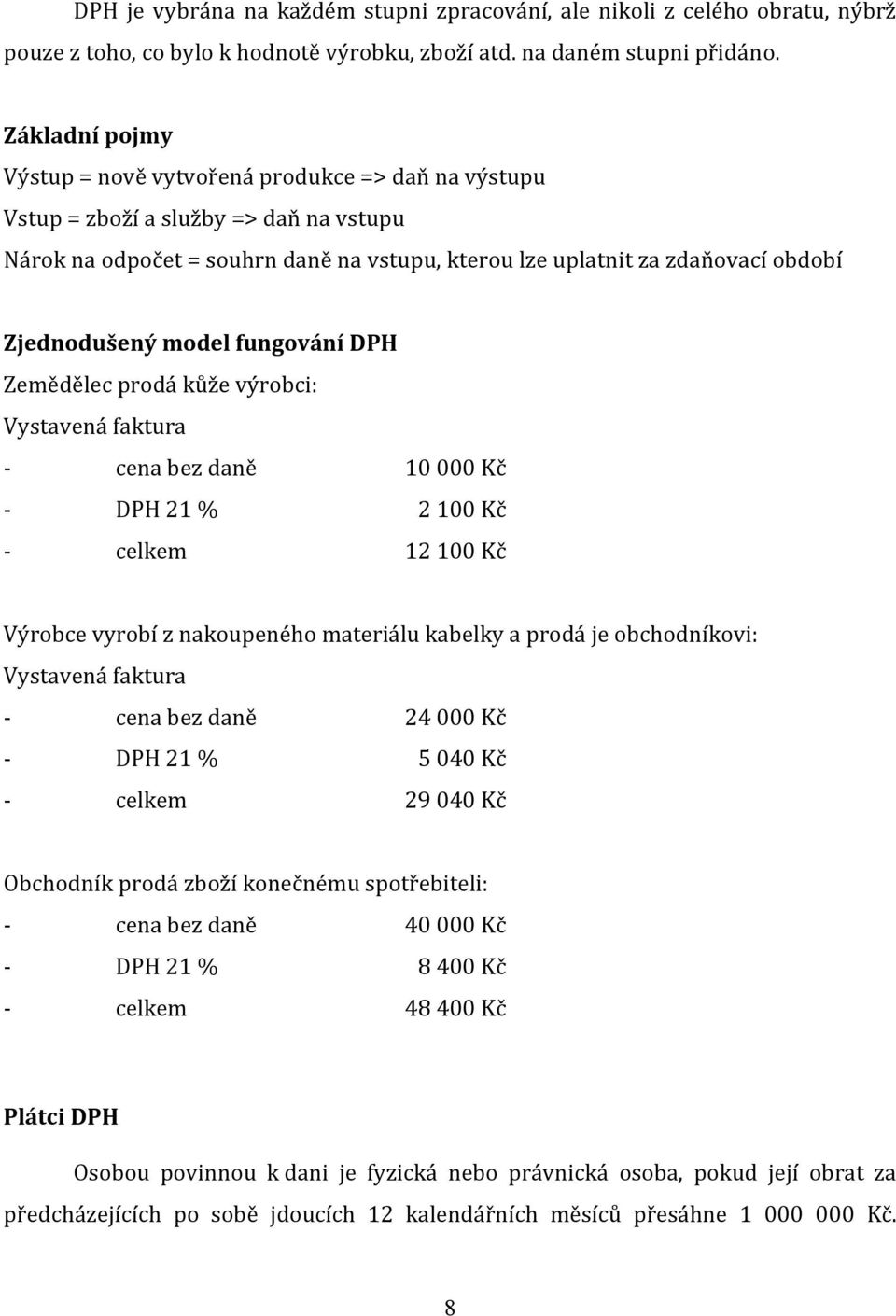 Zjednodušený model fungování DPH Zemědělec prodá kůže výrobci: Vystavená faktura - cena bez daně 10 000 Kč - DPH 21 % 2 100 Kč - celkem 12 100 Kč Výrobce vyrobí z nakoupeného materiálu kabelky a