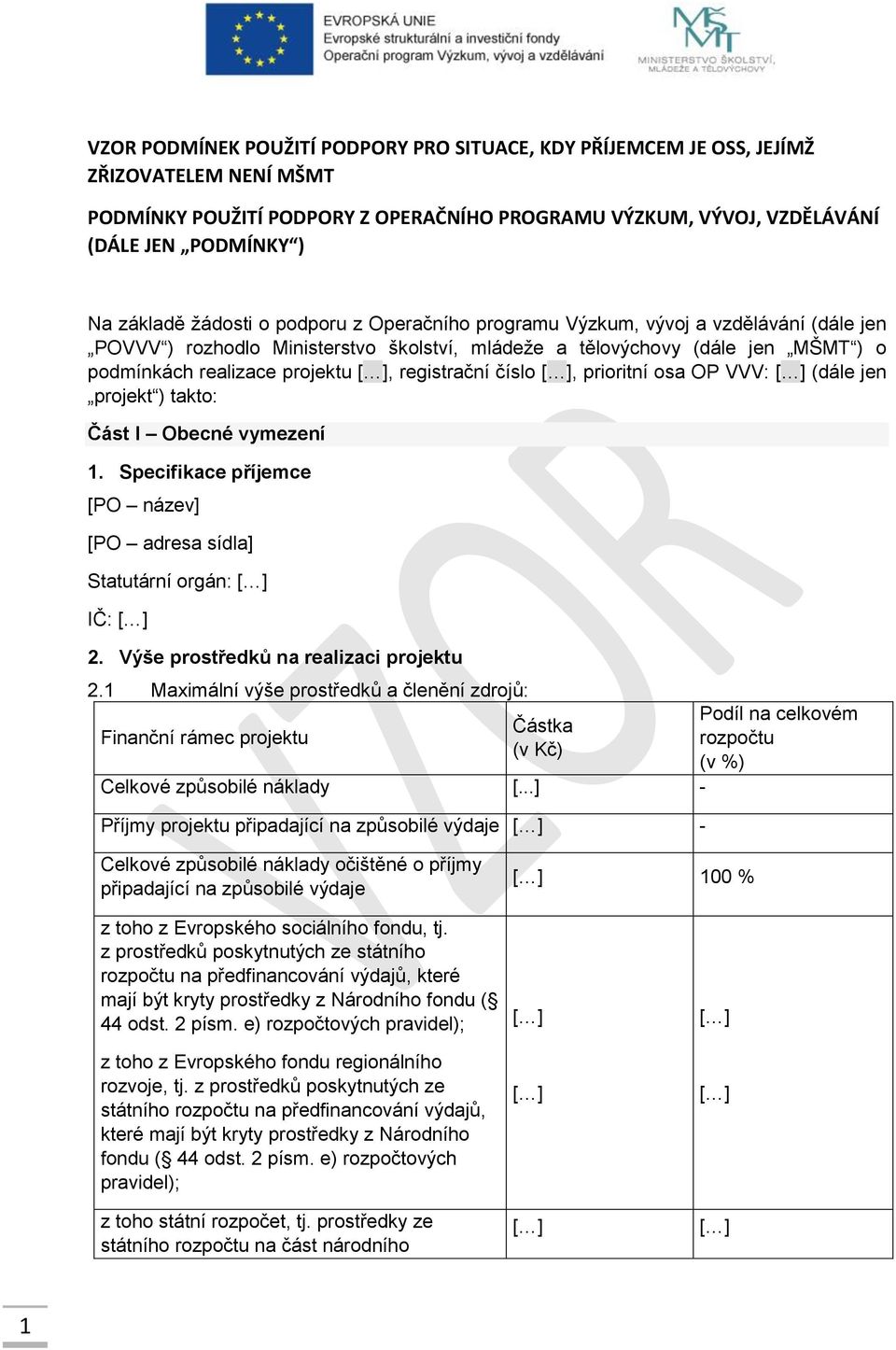 registrační číslo, prioritní osa OP VVV: (dále jen projekt ) takto: Část I Obecné vymezení 1. Specifikace příjemce [PO název] [PO adresa sídla] Statutární orgán: IČ: 2.