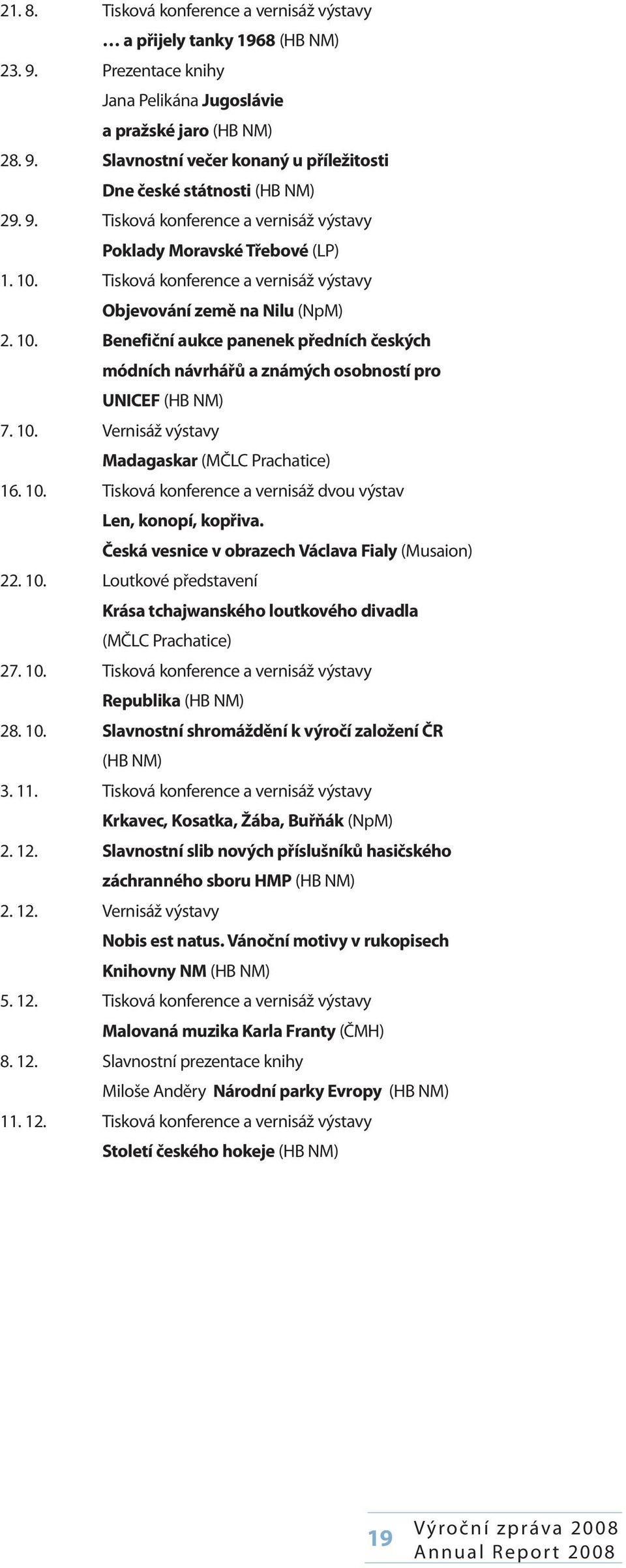 10. Vernisáž výstavy Madagaskar (MČLC Prachatice) 16. 10. Tisková konference a vernisáž dvou výstav Len, konopí, kopřiva. Česká vesnice v obrazech Václava Fialy (Musaion) 22. 10. Loutkové představení Krása tchajwanského loutkového divadla (MČLC Prachatice) 27.