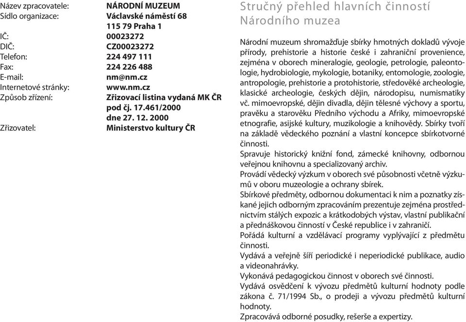 2000 Zřizovatel: Ministerstvo kultury ČR Stručný přehled hlavních činností Národního muzea Národní muzeum shromažďuje sbírky hmotných dokladů vývoje přírody, prehistorie a historie české i zahraniční