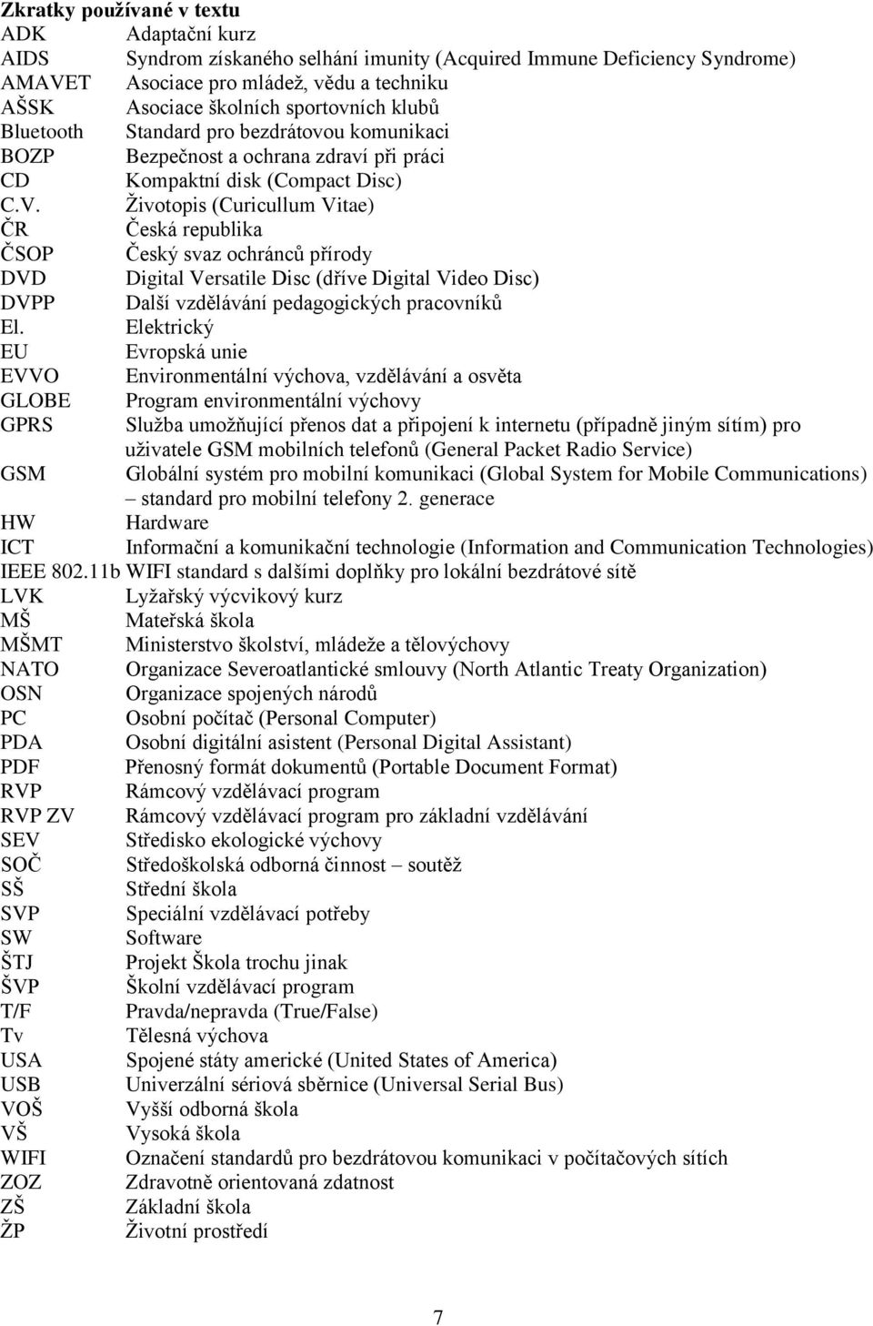 Životopis (Curicullum Vitae) ČR Česká republika ČSOP Český svaz ochránců přírody DVD Digital Versatile Disc (dříve Digital Video Disc) DVPP Další vzdělávání pedagogických pracovníků El.