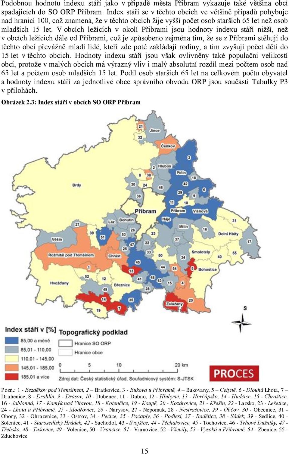 V obcích ležících v okolí Příbrami jsou hodnoty indexu stáří nižší, než v obcích ležících dále od Příbrami, což je způsobeno zejména tím, že se z Příbrami stěhují do těchto obcí převážně mladí lidé,