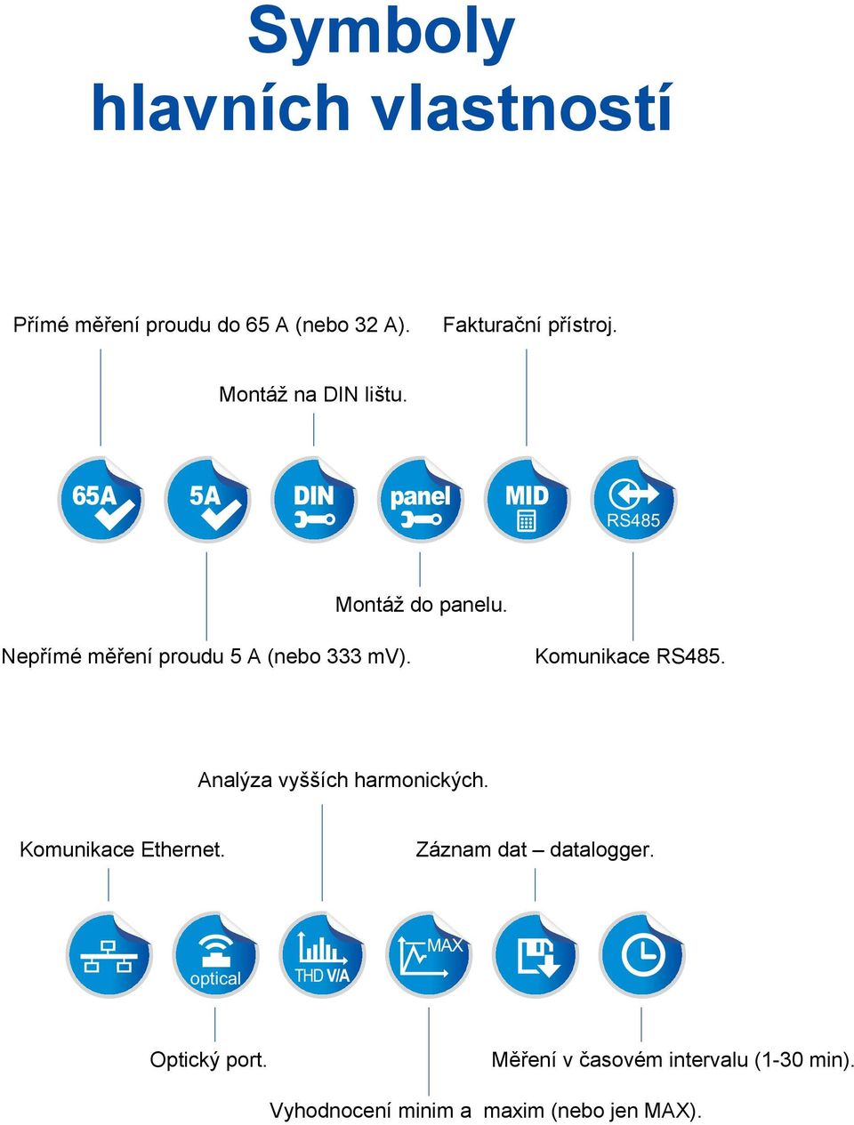 Nepřímé měření proudu 5 A (nebo 333 mv). Komunikace RS485. Analýza vyšších harmonických.