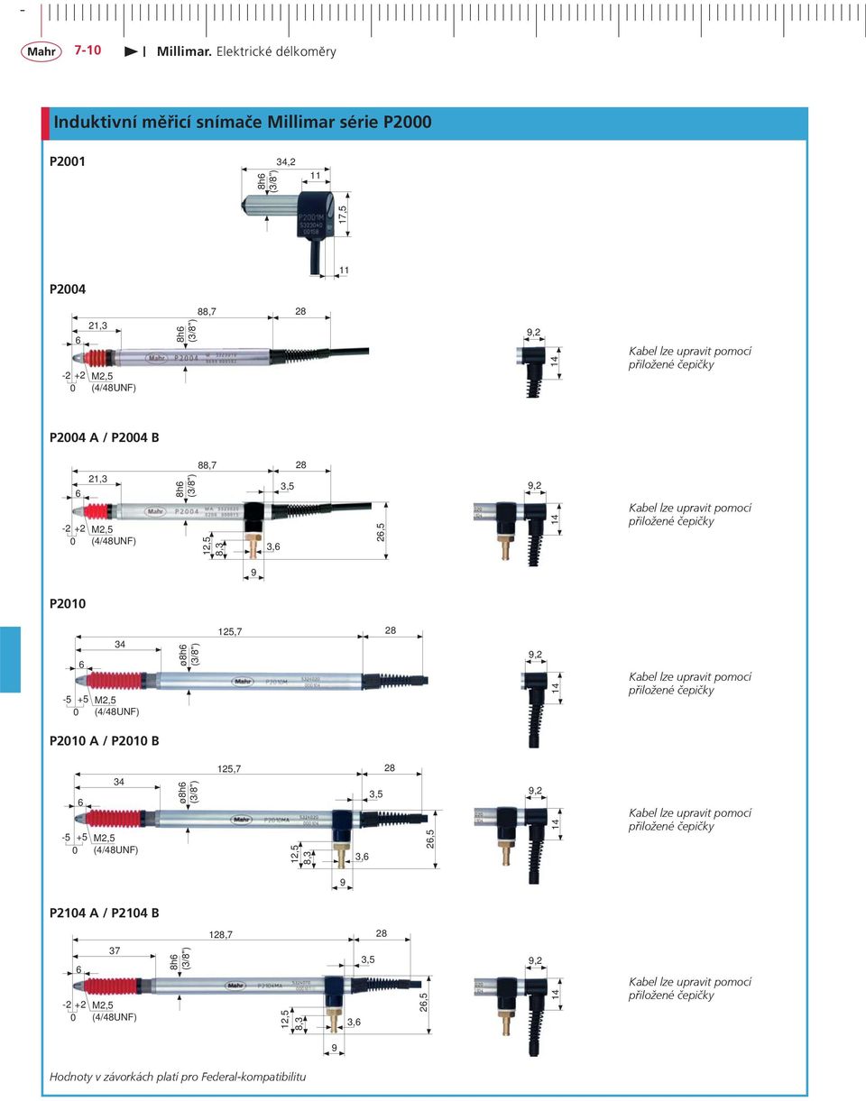 28 9,2 14 Kabel lze upravit pomocí pøiložené èepièky P2010 A / P2010 B 6-5 +5 0 34 M2,5 (4/48UNF) ø8h6 (3/8") 125,7 12,5 8,3 3,6 3,5 28 26,5 9,2 14 Kabel lze upravit pomocí pøiložené èepièky