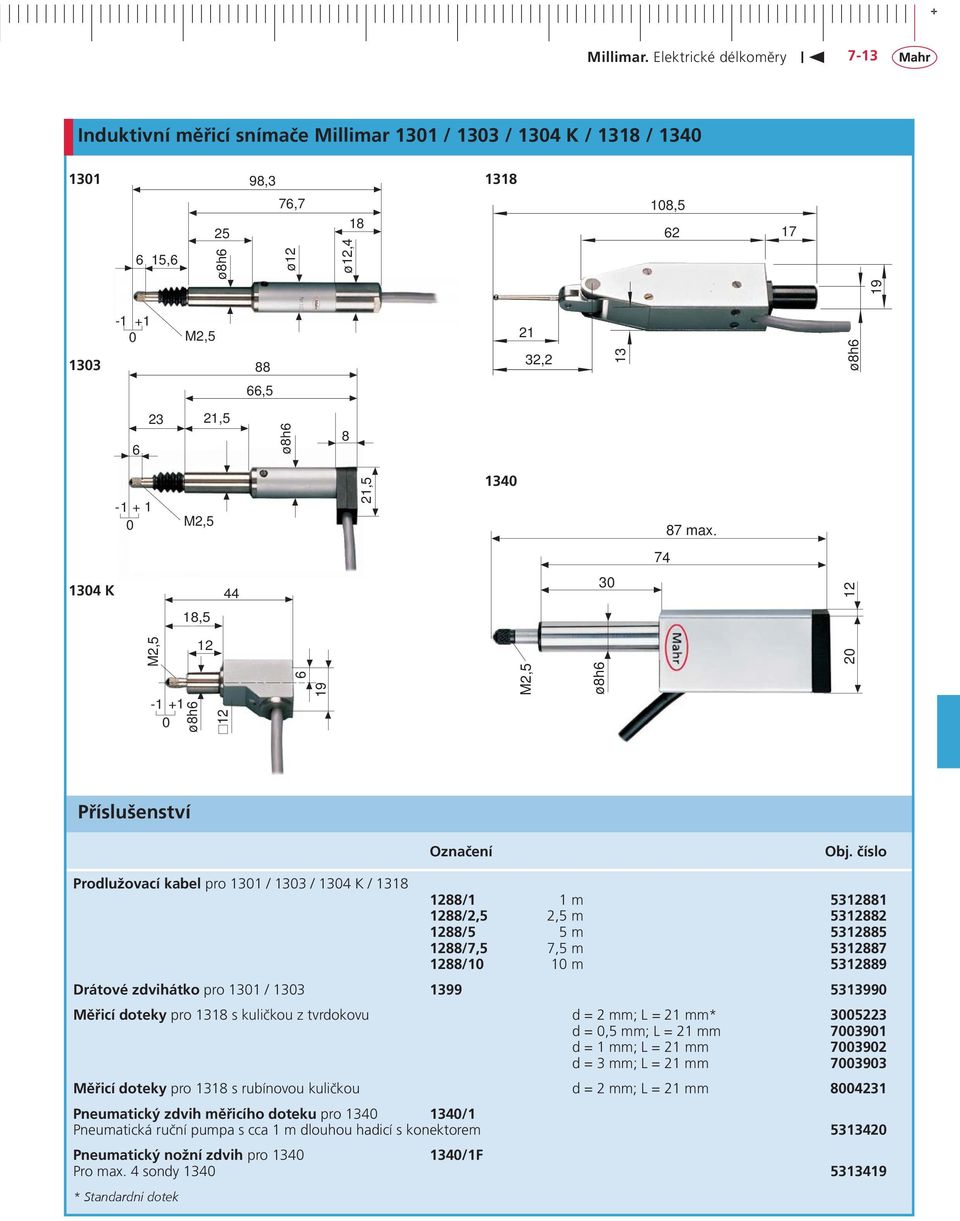 číslo Prodlužovací kabel pro 1301 / 1303 / 1304 K / 1318 1288/1 1 m 5312881 1288/2,5 2,5 m 5312882 1288/5 5 m 5312885 1288/7,5 7,5 m 5312887 1288/10 10 m 5312889 Drátové zdvihátko pro 1301 / 1303