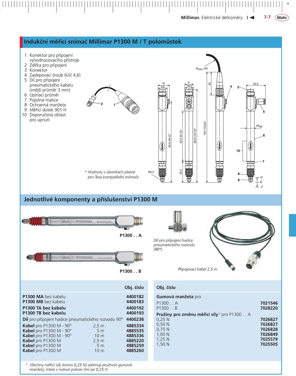 (107,2)* Rmin =50 125 (133,6)* 30 4 3 20,2 5 ø8 h6 6 10 7 * Hodnoty v závorkách platné pro Tesa kompatibilní snímaèe M2,5 20,2 8 9 +2 0-2 Jednotlivé komponenty a příslušenství P1300 M P1300.